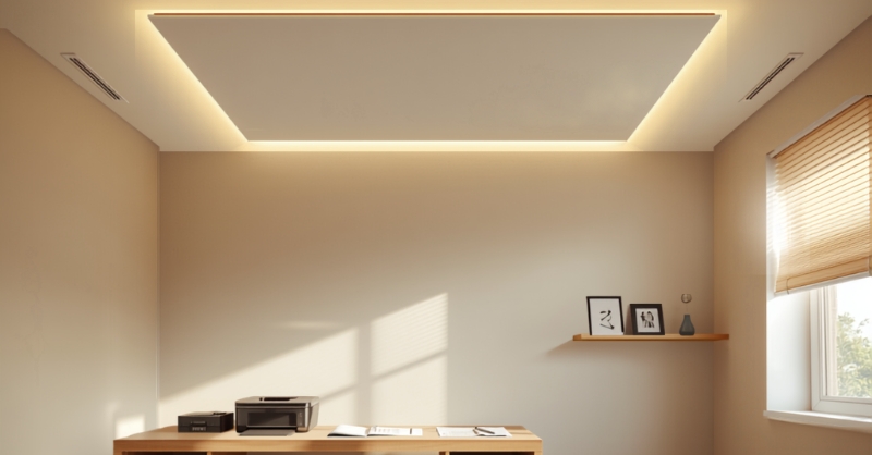 Groot infraroodpaneel met warme LED-lichtrand aan het plafond van een licht en modern thuiskantoor